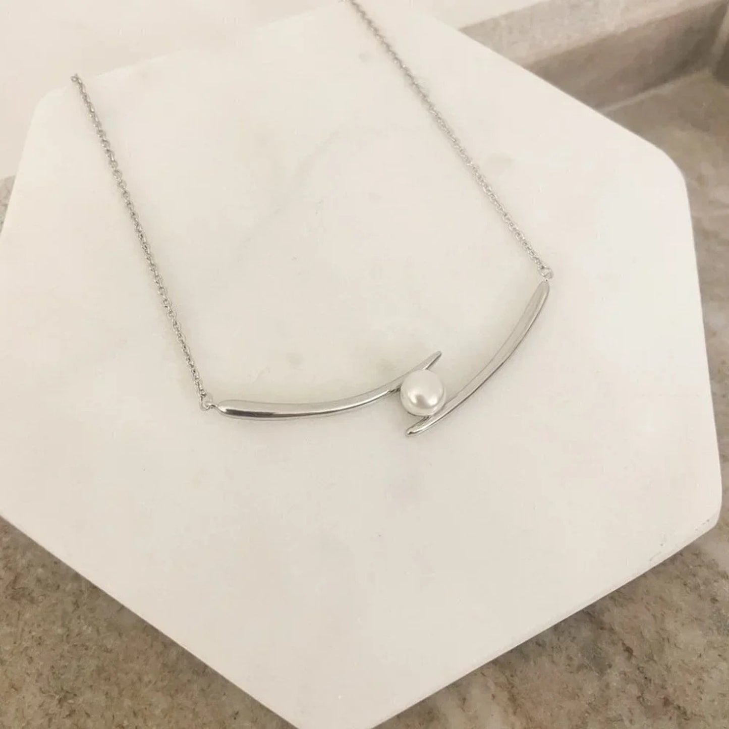 925 Sterling Silver Double Bar Pearl Necklace Chopstick Geometric Tube Necklace