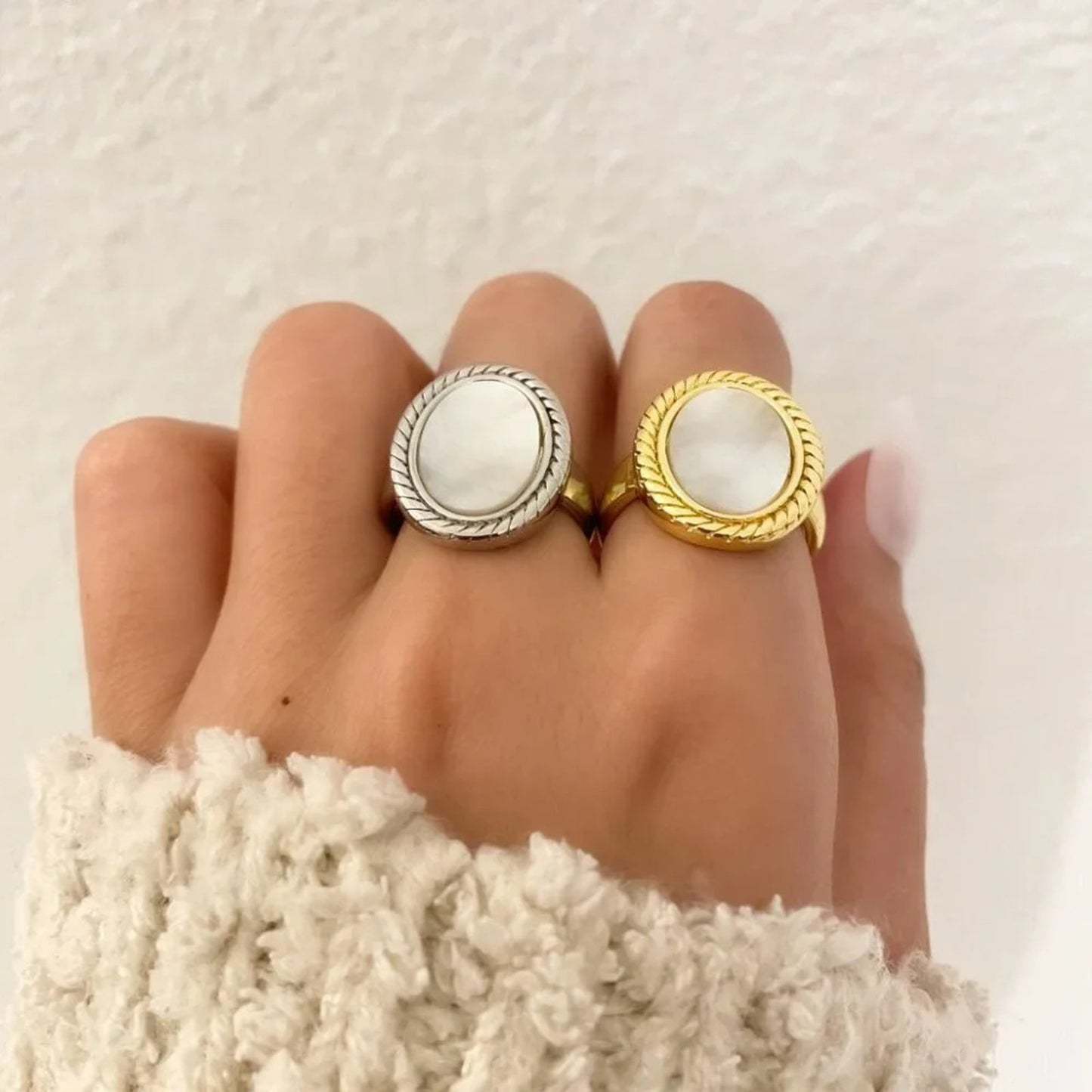 925 Sterling Silver Mother of Pearl Statement Ring Chunky Ring Round Oval Rng