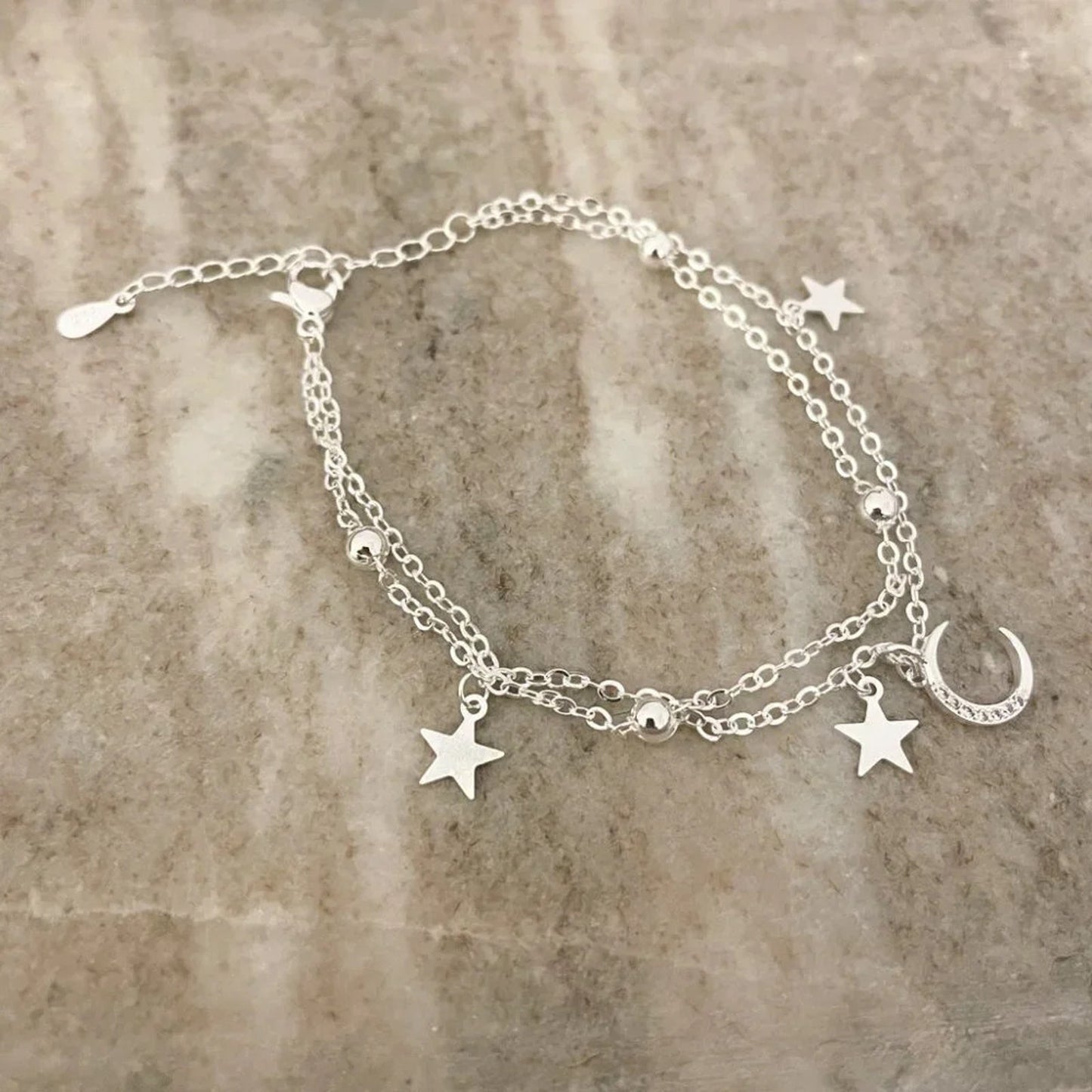 925 Sterling Silver Multi-Layer Bracelet Dainty Moon and Star Bracelet