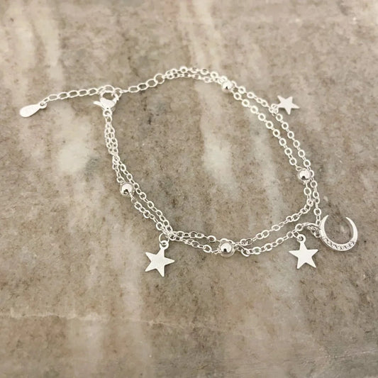 925 Sterling Silver Multi-Layer Bracelet Dainty Moon and Star Bracelet