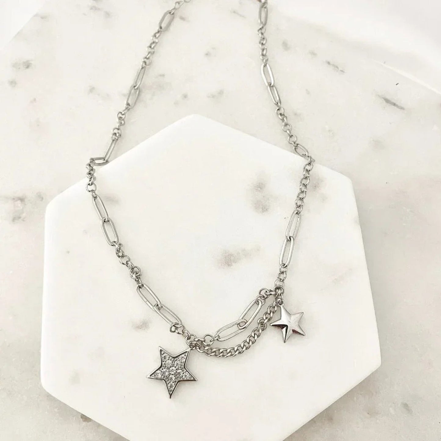 925 Sterling Silver Star Chain Link Necklace Dangle Chain Vintage Necklace
