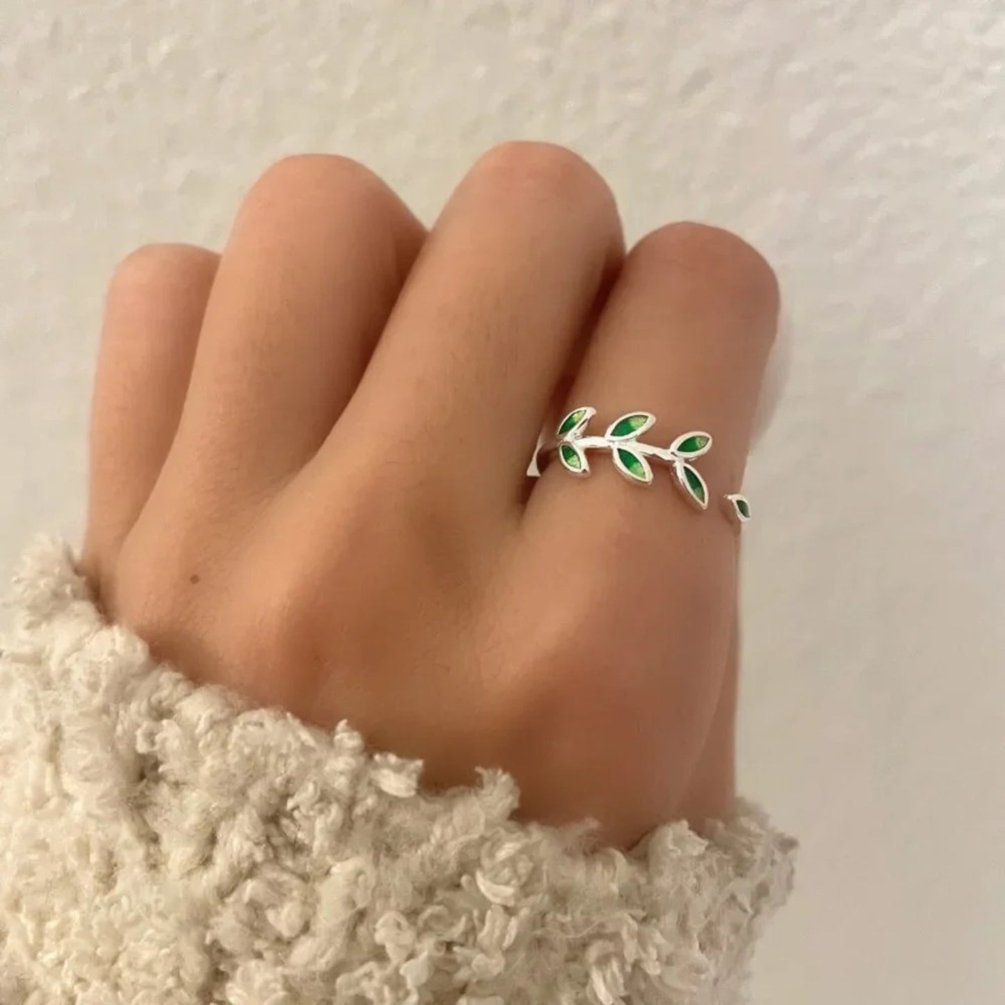 925 Sterling Silver Leaf Wrap Ring Green Dainty Boho Ring Green Leaf Ring