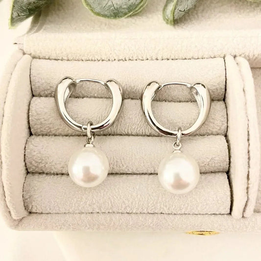 925 Sterling Silver Pearl Hoop Earrings Pearl Dangle Earrings