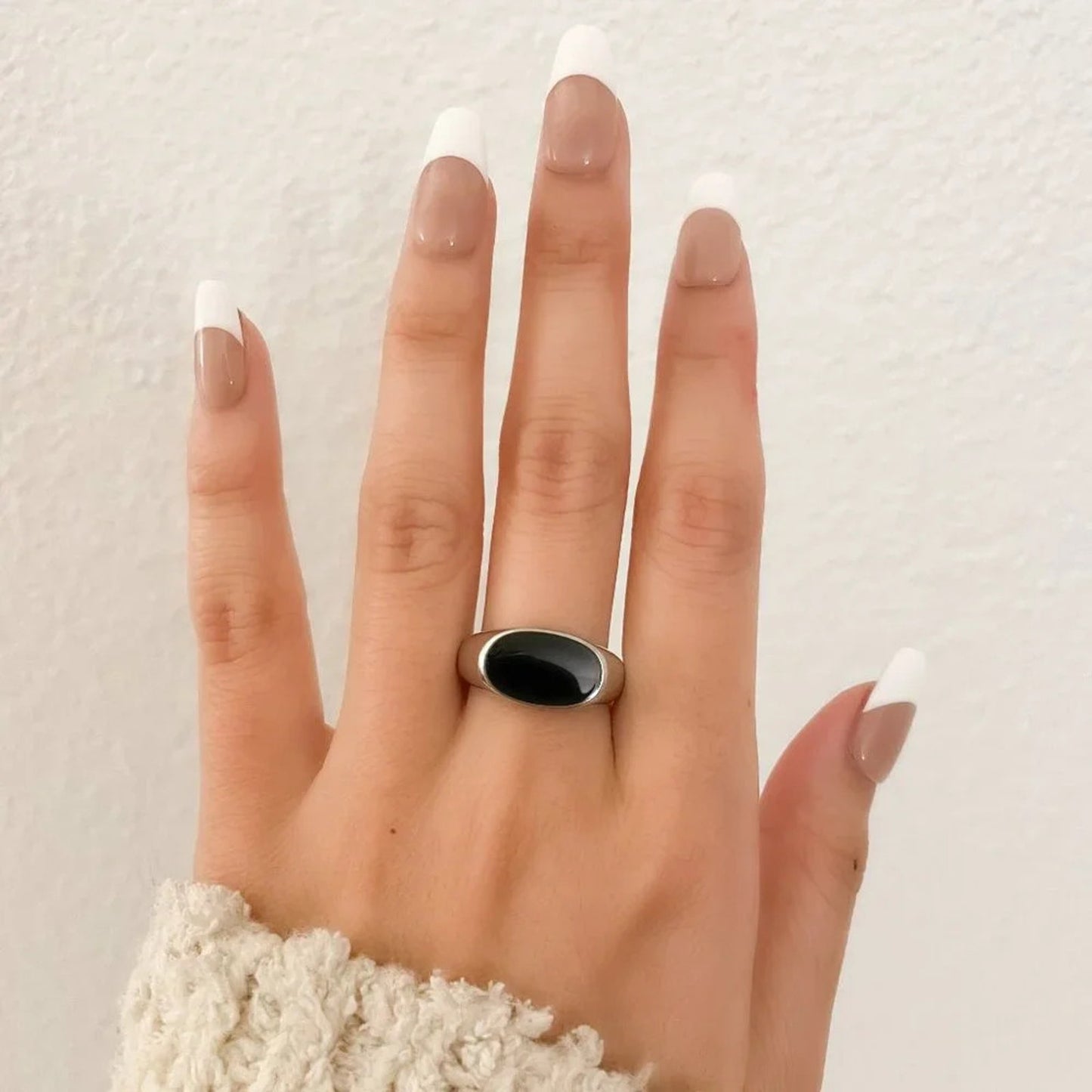 925 Sterling Silver Black Oval Ring Chunky Ring Minimalist Geometric Ring