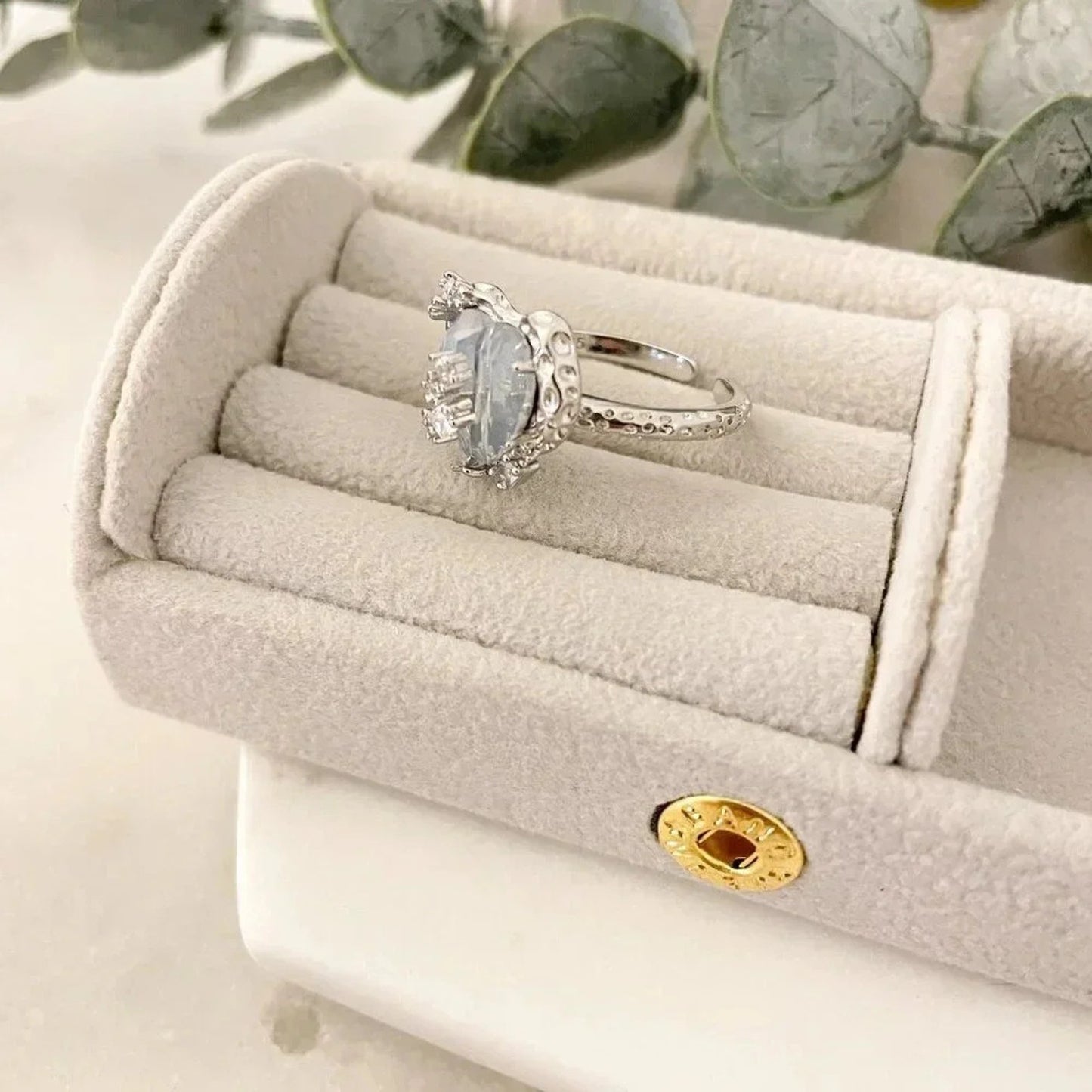 925 Sterling Silver Crystal Heart Ring Geometric Modern Heart Ring Adjustable