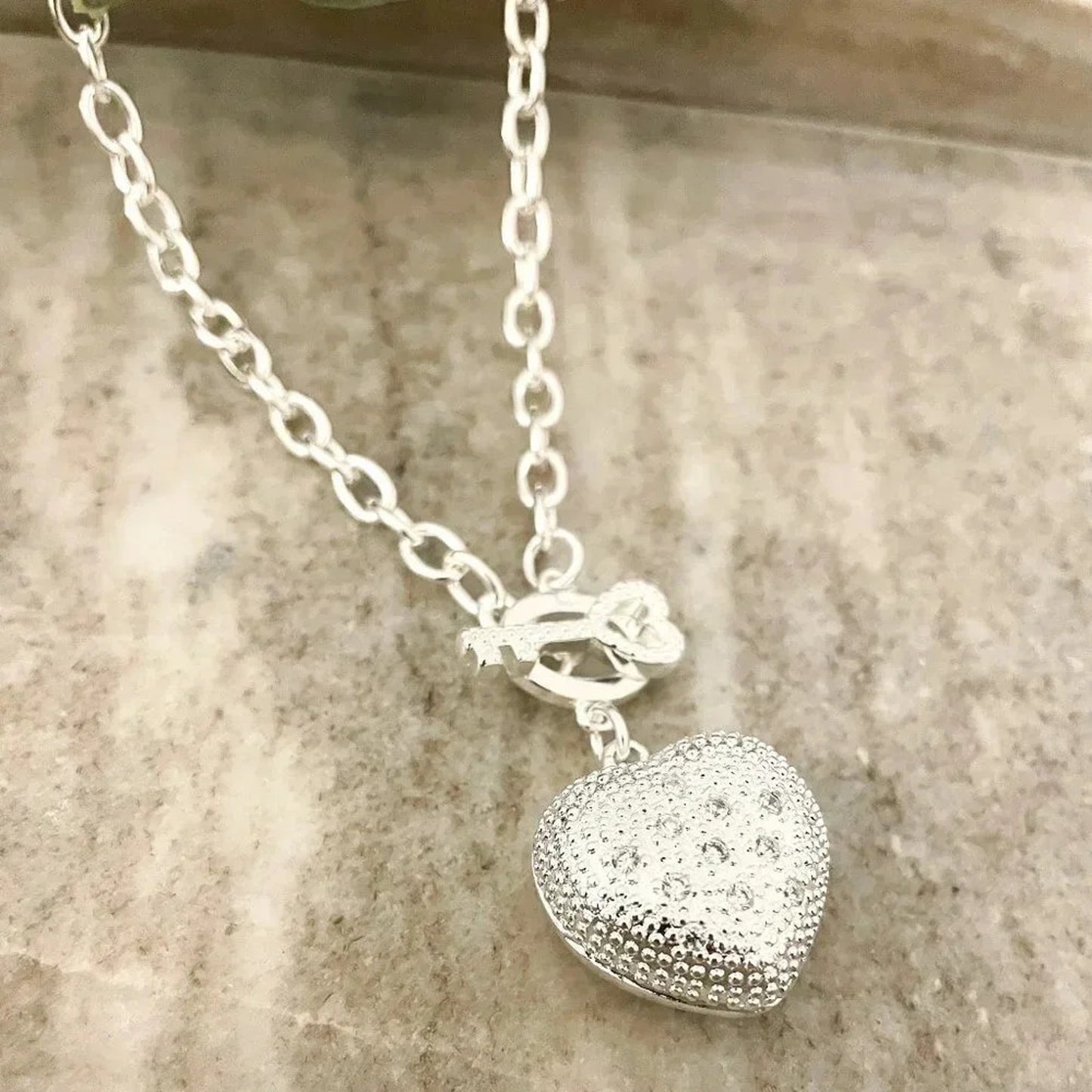 925 Sterling Silver Chunky Heart Necklace Heart and Key Toggle Chain Necklace