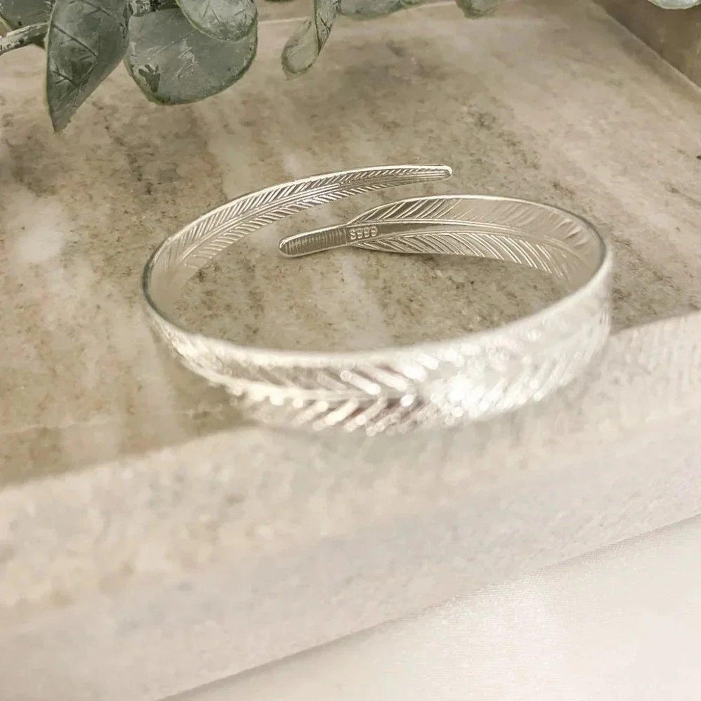 925 Sterling Silver Feather Wrap Bracelet Chunky Wide Large Statement Bracelet
