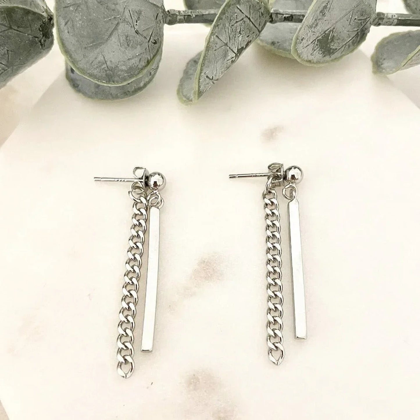 925 Sterling Silver Chain Drop Earrings Silver Bar Earrings Dangle Stud Earrings