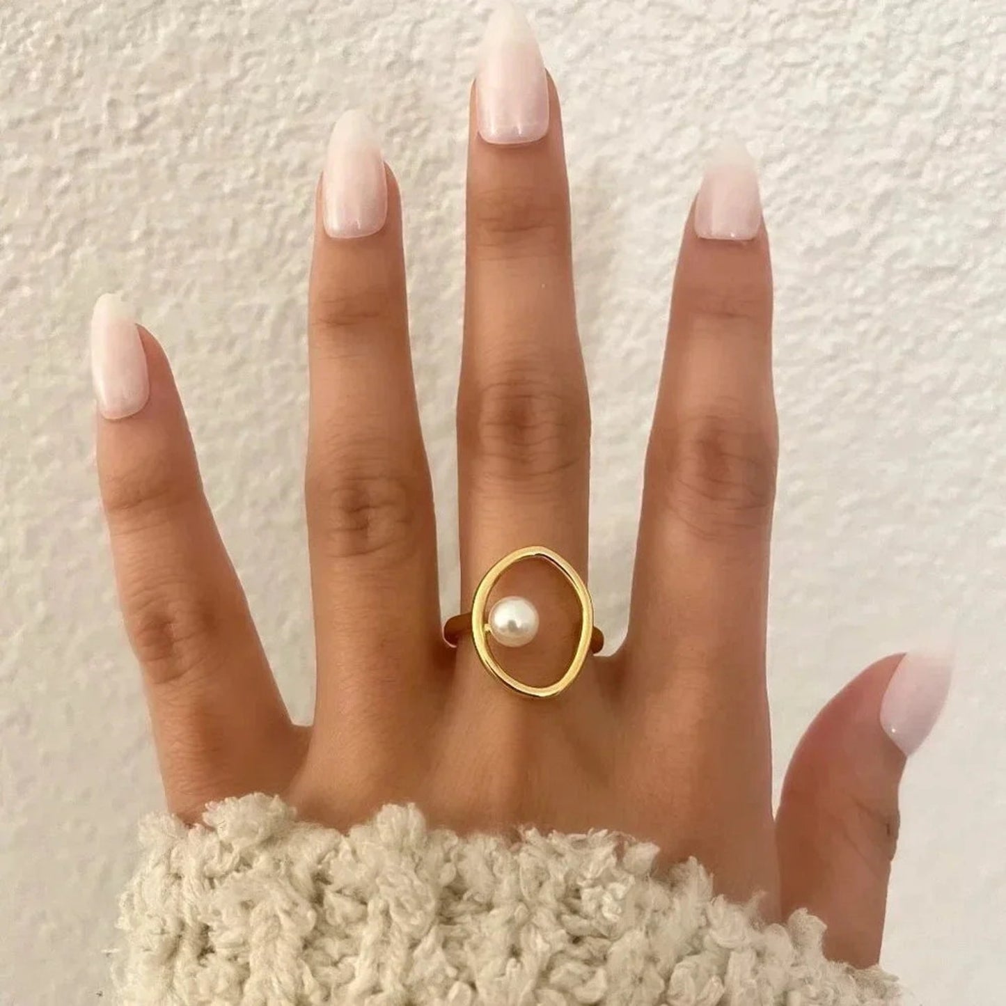 925 Sterling Silver Gold Pearl Statement Ring Boho Minimalist Oval Round Ring