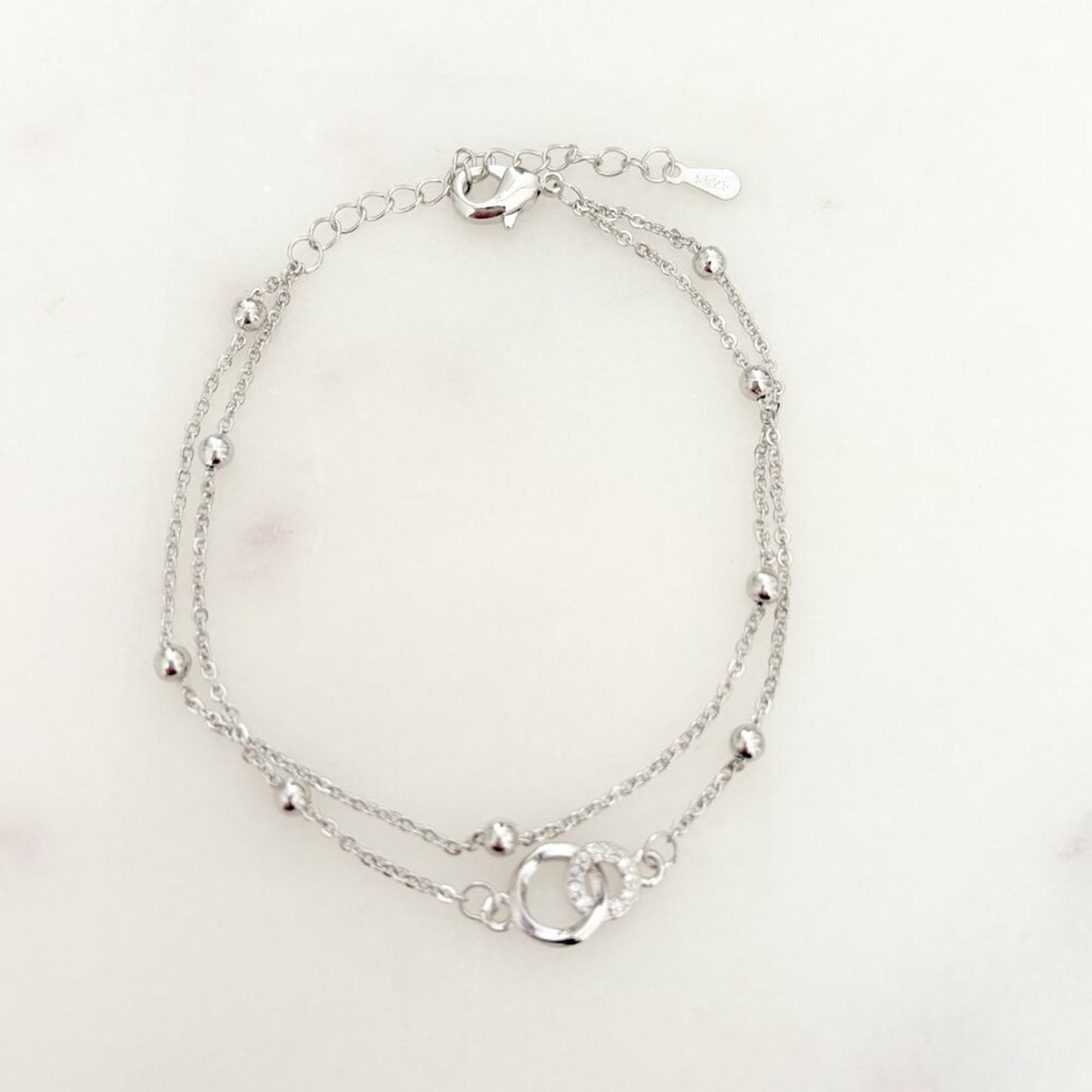 925 Sterling Silver Dainty Circle Link Bracelet Bead Layer Bracelet