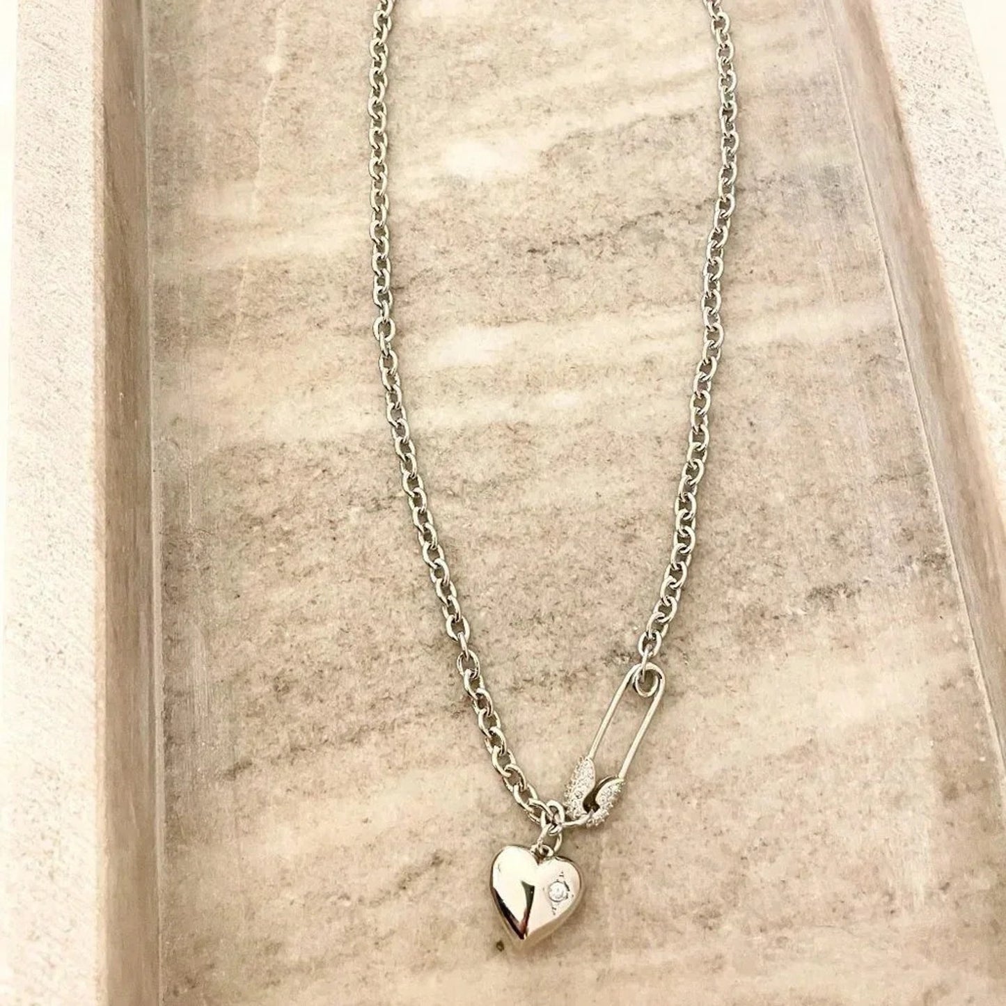 925 Sterling Silver Heart Pendant Necklace Heart Paperclip Safety Pin Necklace