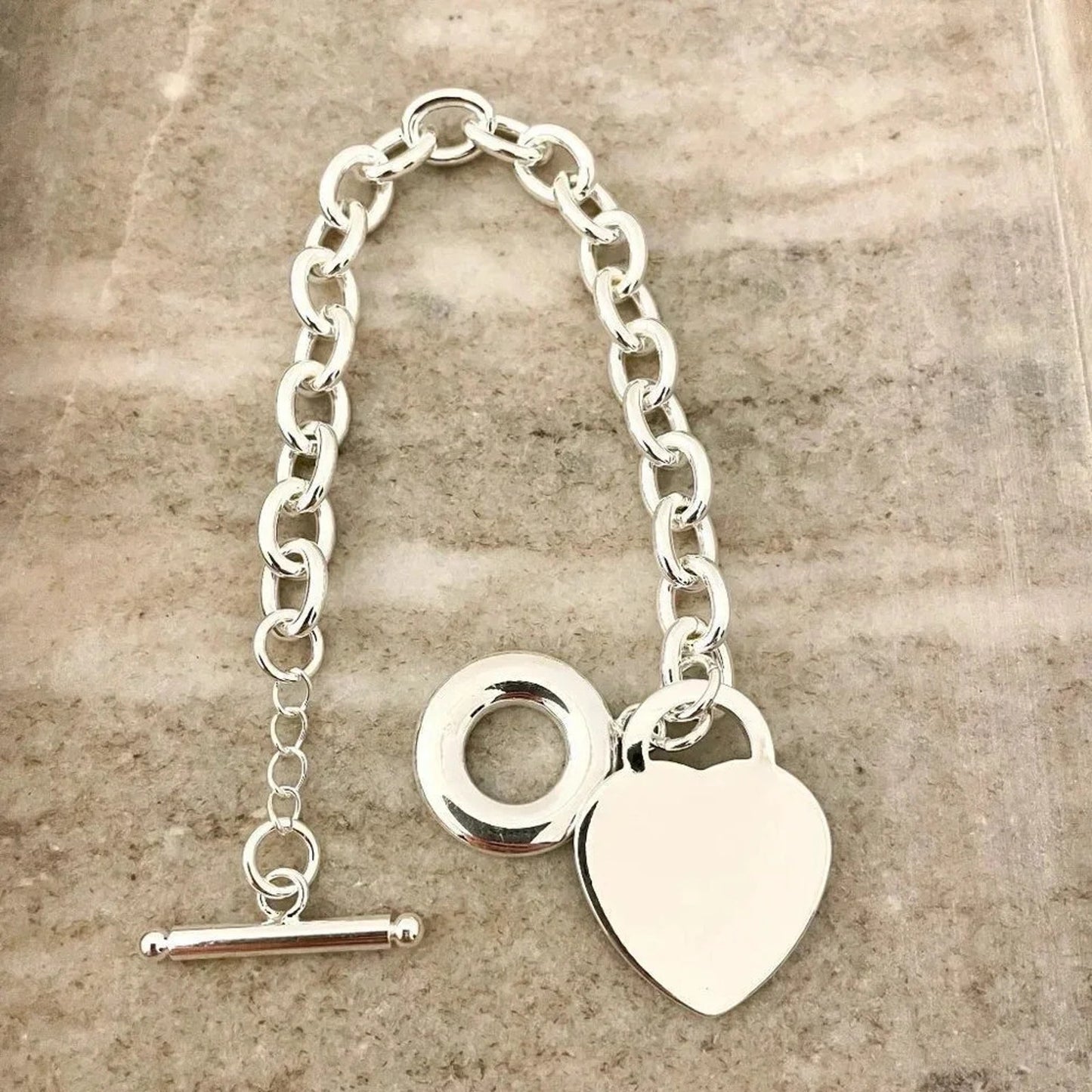 925 Sterling Silver Bead Heart Toggle Bracelet Chunky Thick Bold Link Bracelet
