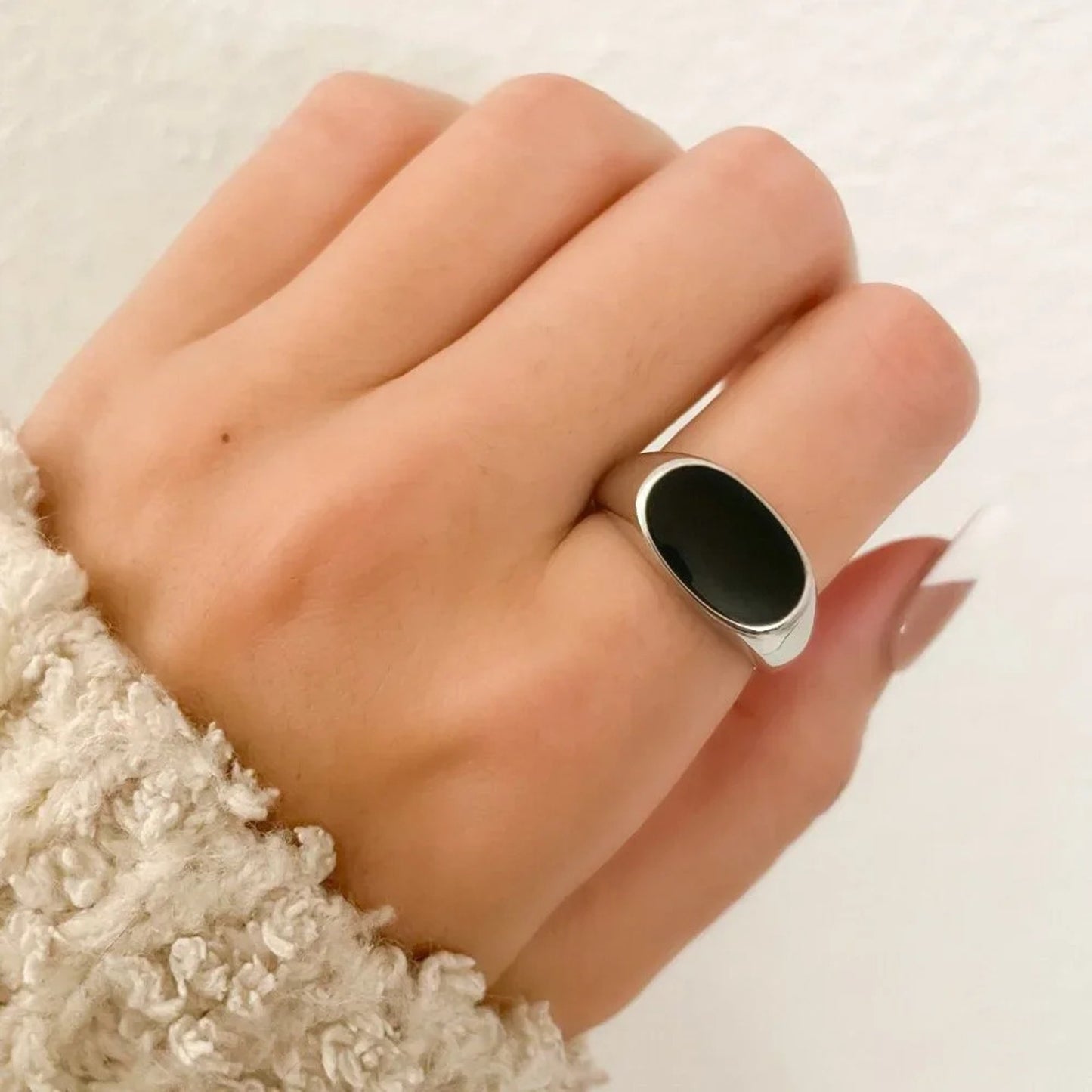 925 Sterling Silver Black Oval Ring Chunky Ring Minimalist Geometric Ring
