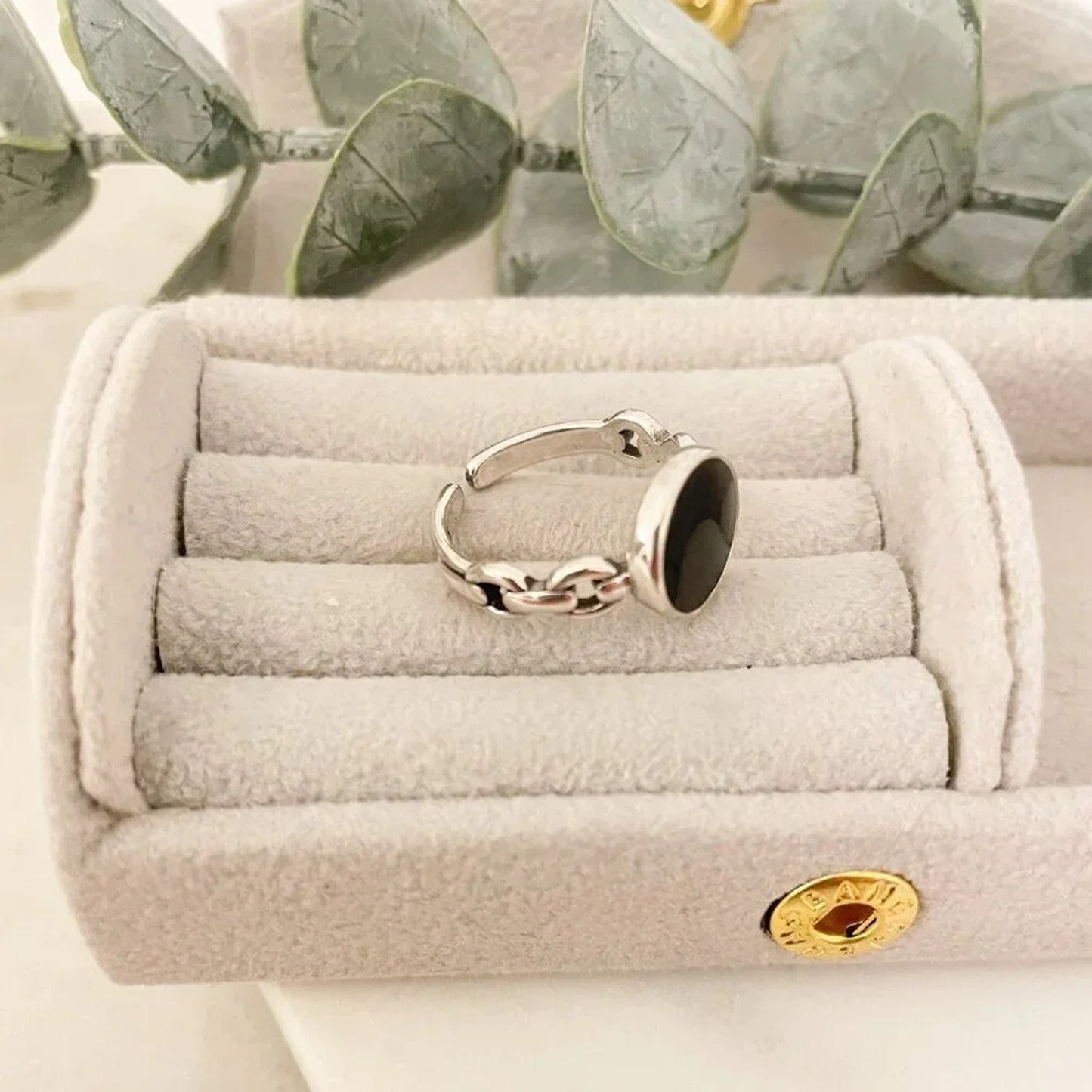 925 Sterling Silver Black Circle Ring Curb Chain Ring Band Minimalist Ring