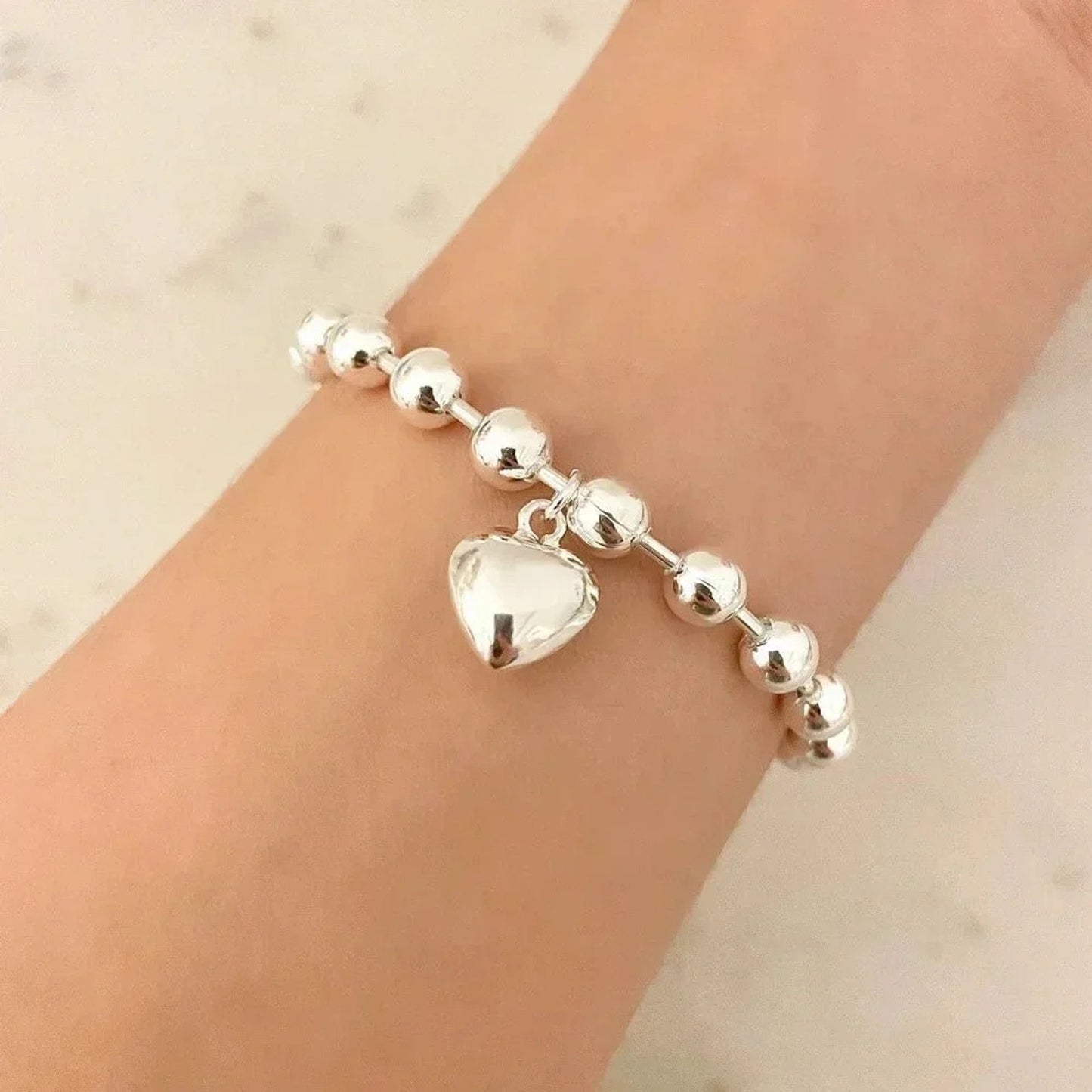 925 Sterling Silver Bead Bracelet Thick Chunky Heart Bracelet Dangle Heart Charm