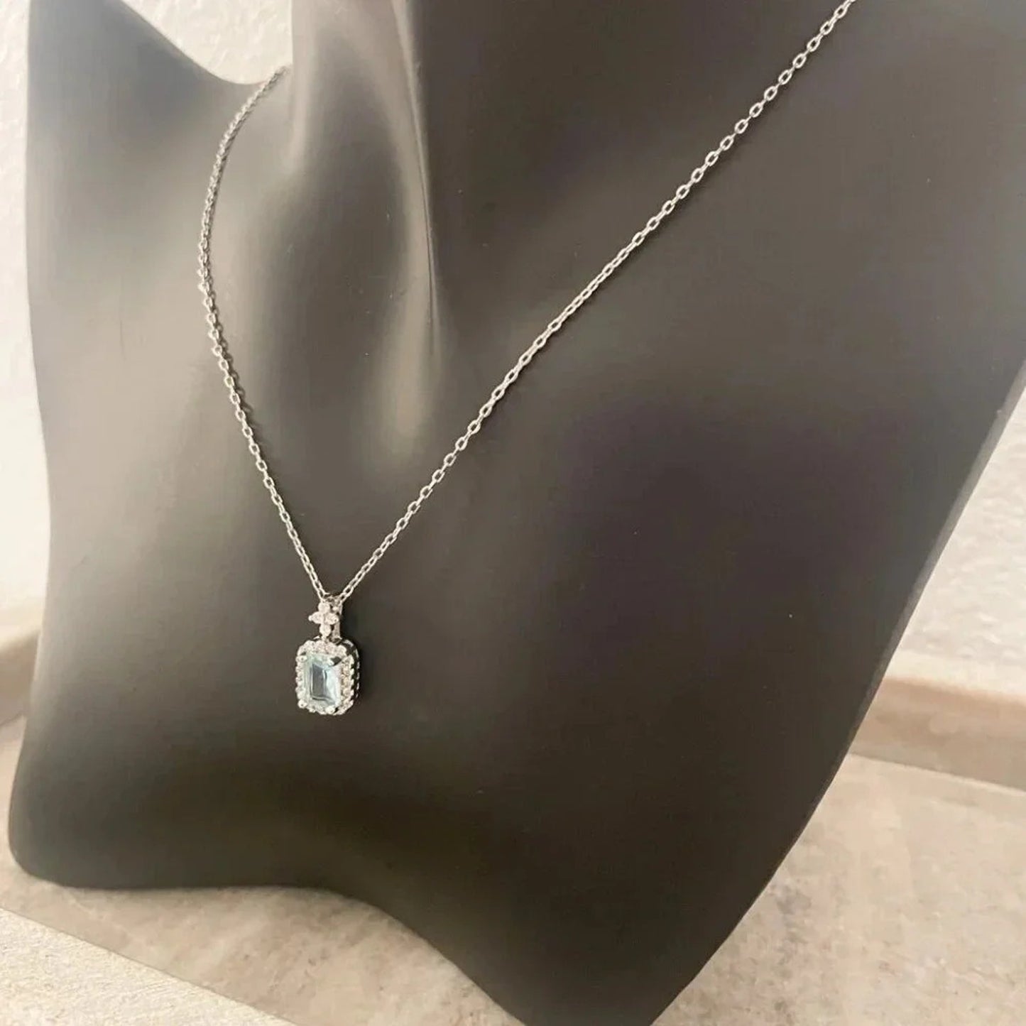 925 Sterling Silver Aquamarine Pendant Necklace Dainty CZ Diamond Necklace