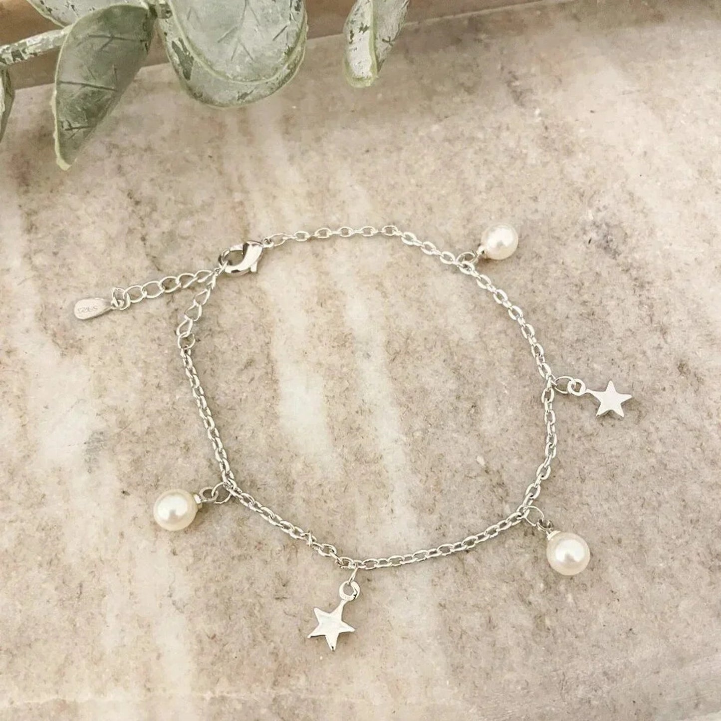 925 Sterling Silver Pearl & Star Charm Bracelet Dainty Bracelet Pearl Bracelet