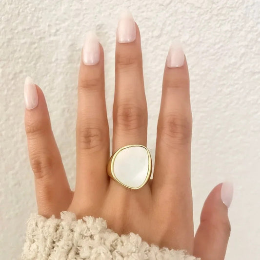 925 Sterling Silver Chunky Mother of Pearl Gold Statement Ring Thick Large Ring