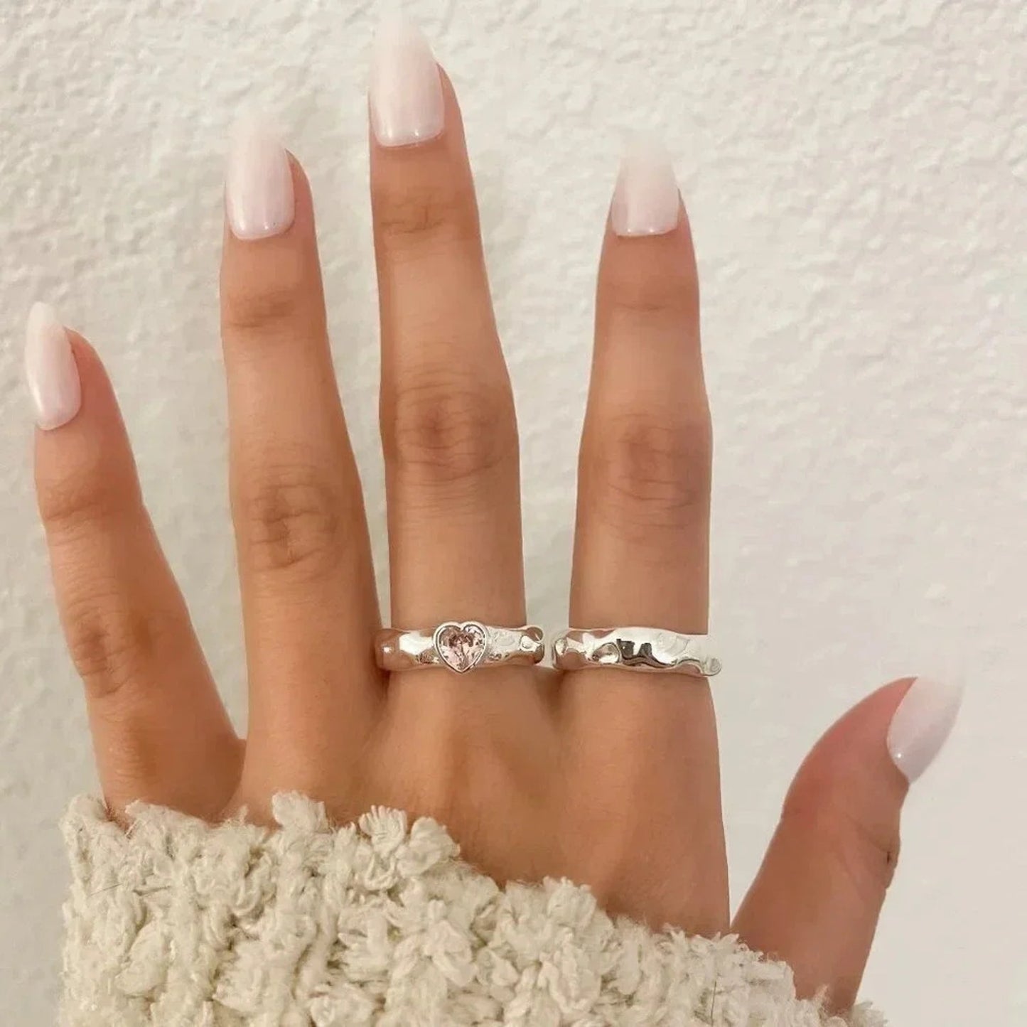 925 Sterling Silver Minimalist Ring Hammered Ring Band Pink Heart Ring