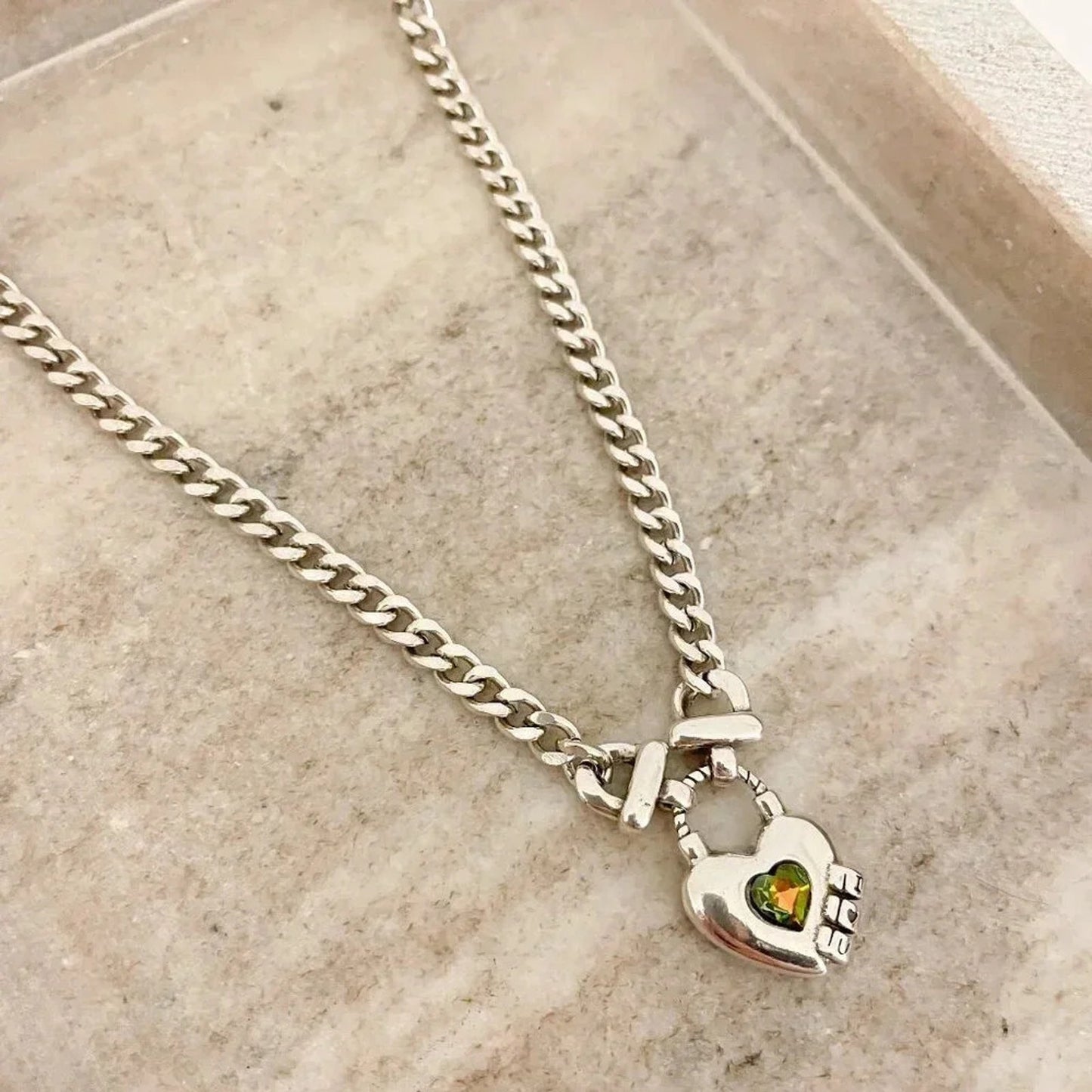 925 Sterling Silver Curb Chain Link Necklace Heart Necklace Heart Lock Chain