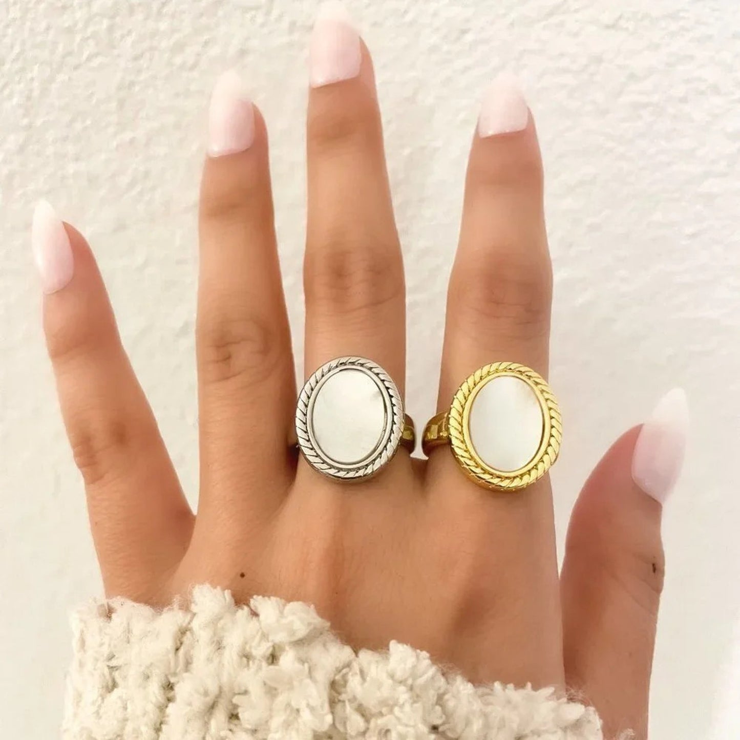 925 Sterling Silver Mother of Pearl Statement Ring Chunky Ring Round Oval Rng
