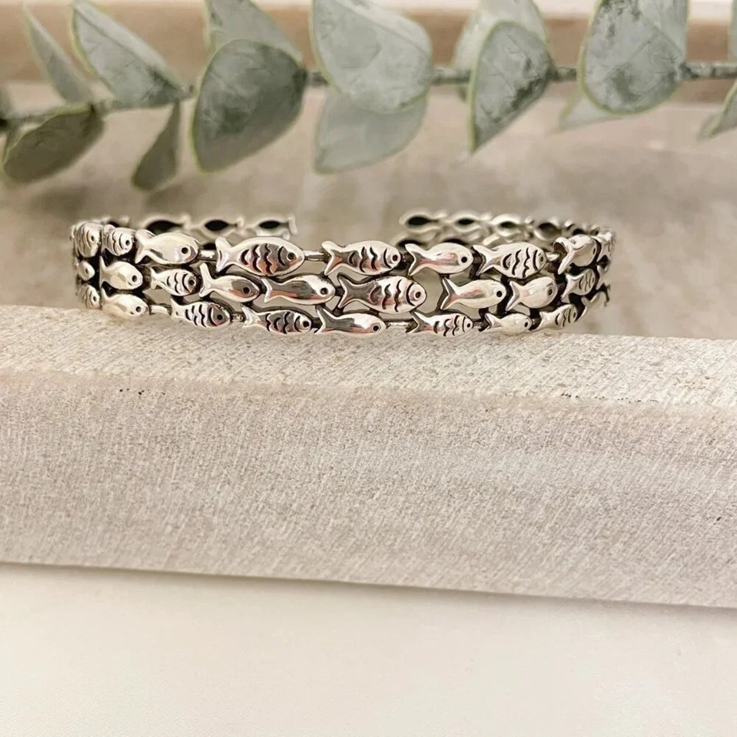 925 Sterling Silver Cuff Bracelet School of Fish Bracelet Silver Bangle Bracelet