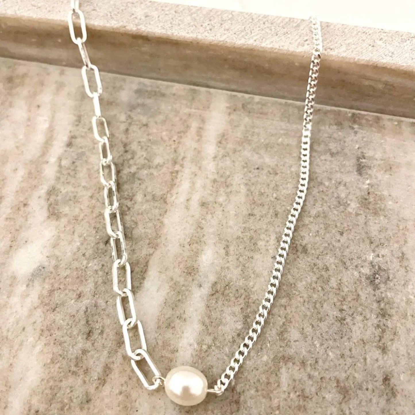 925 Sterling Silver Pearl Paperclip Necklace Asymmetric Link Chain Necklace
