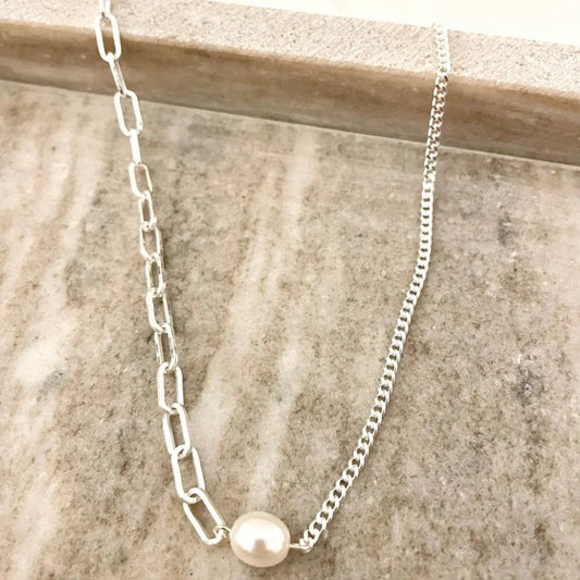 925 Sterling Silver Pearl Paperclip Necklace Asymmetric Link Chain Necklace