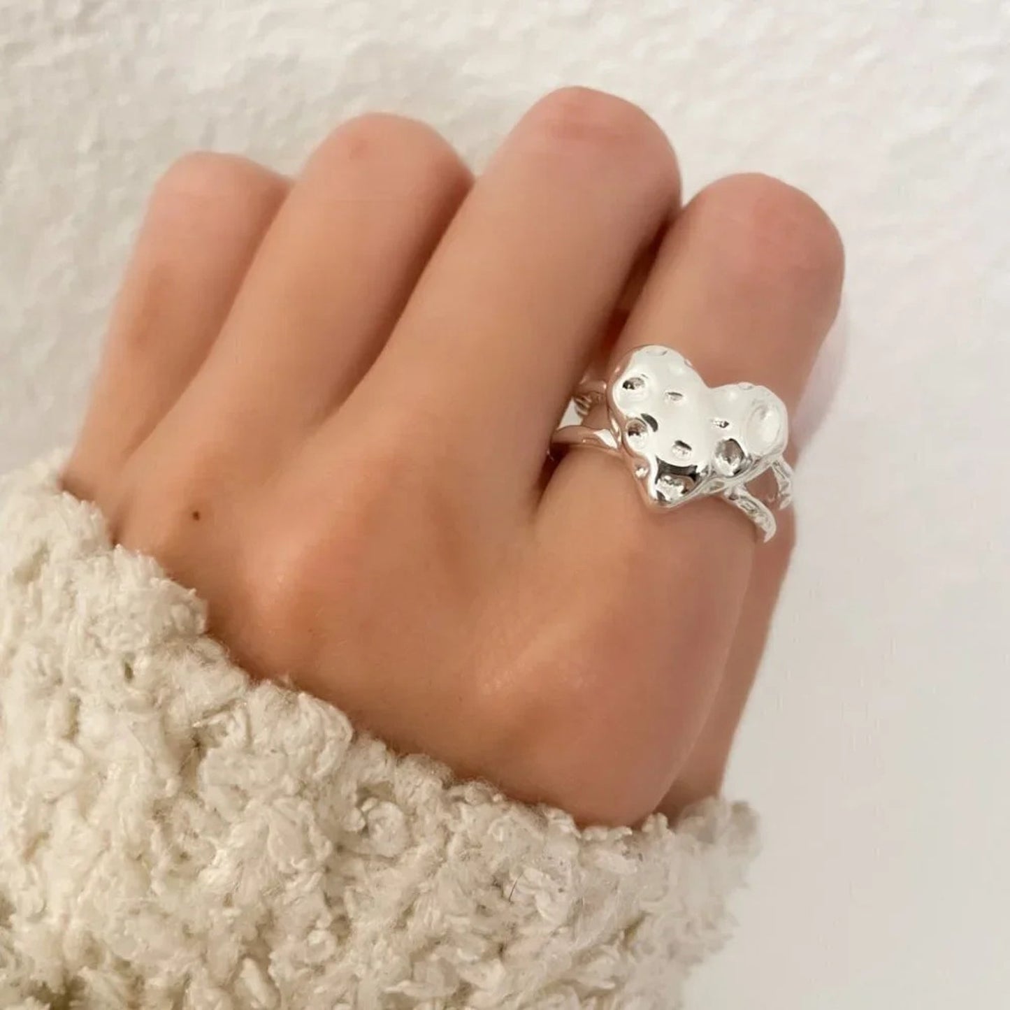925 Sterling Silver Textured Foil Heart Ring Geometric Ring Silver Heart Ring