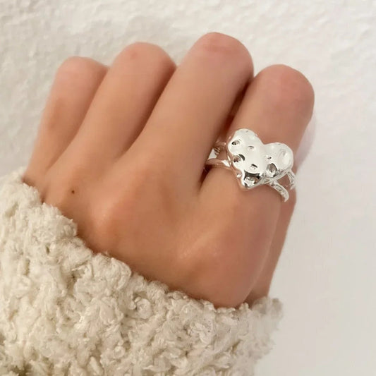 925 Sterling Silver Textured Foil Heart Ring Geometric Ring Silver Heart Ring