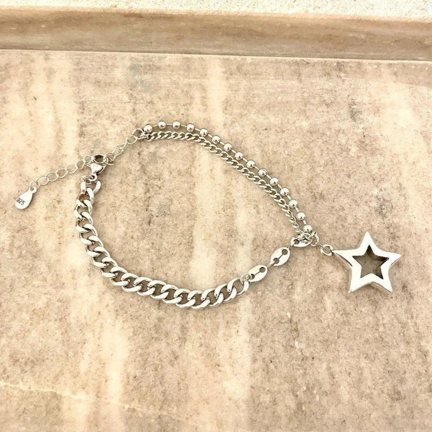 925 Sterling Silver Chunky Star Bracelet Link Bracelet Modern Statement Bracelet