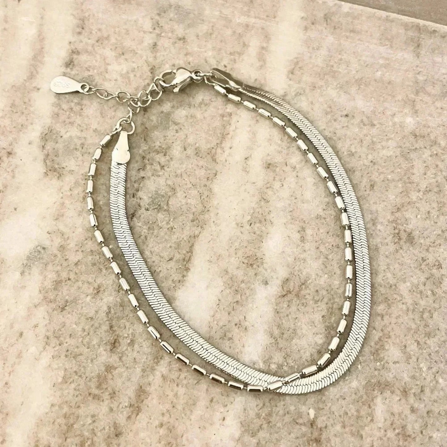925 Sterling Silver Dainty Bead Bracelet Herringbone Snakechain Layer Bracelet