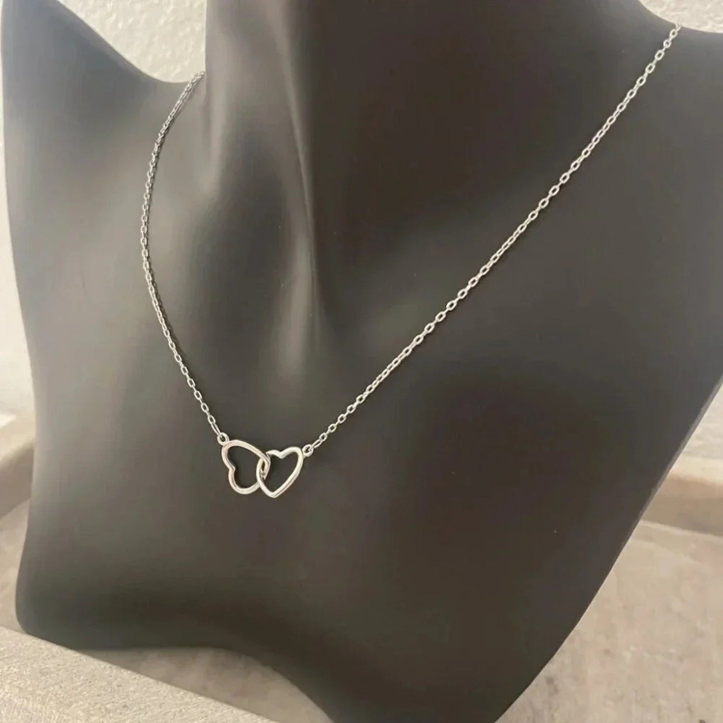 925 Sterling Silver Double Heart Linked Necklace Interlocking Hearts Necklace