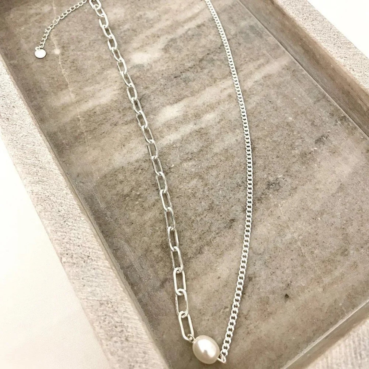 925 Sterling Silver Pearl Paperclip Necklace Asymmetric Link Chain Necklace
