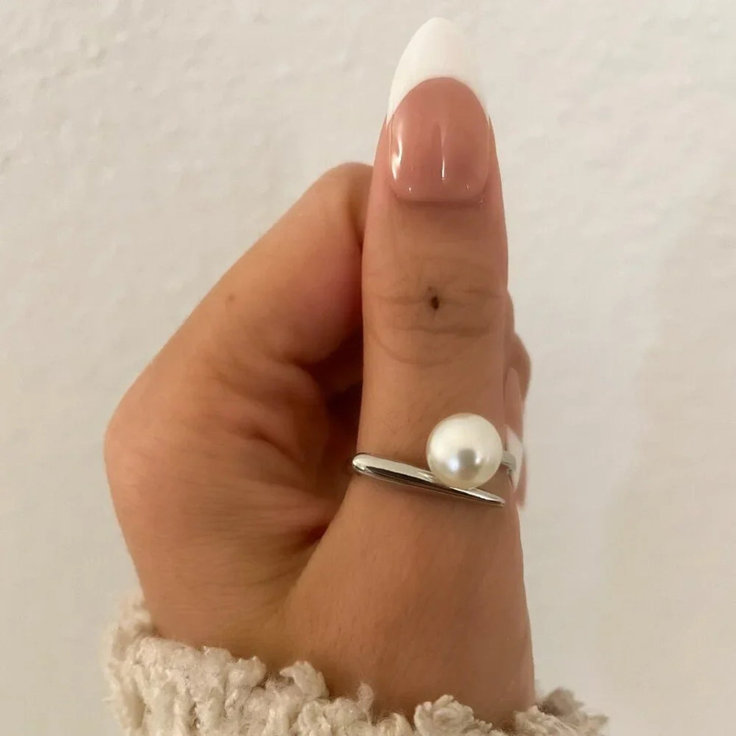 925 Sterling Silver Pearl Ring Bar Ring Minimalist Dainty Ring Pearl Accent Ring