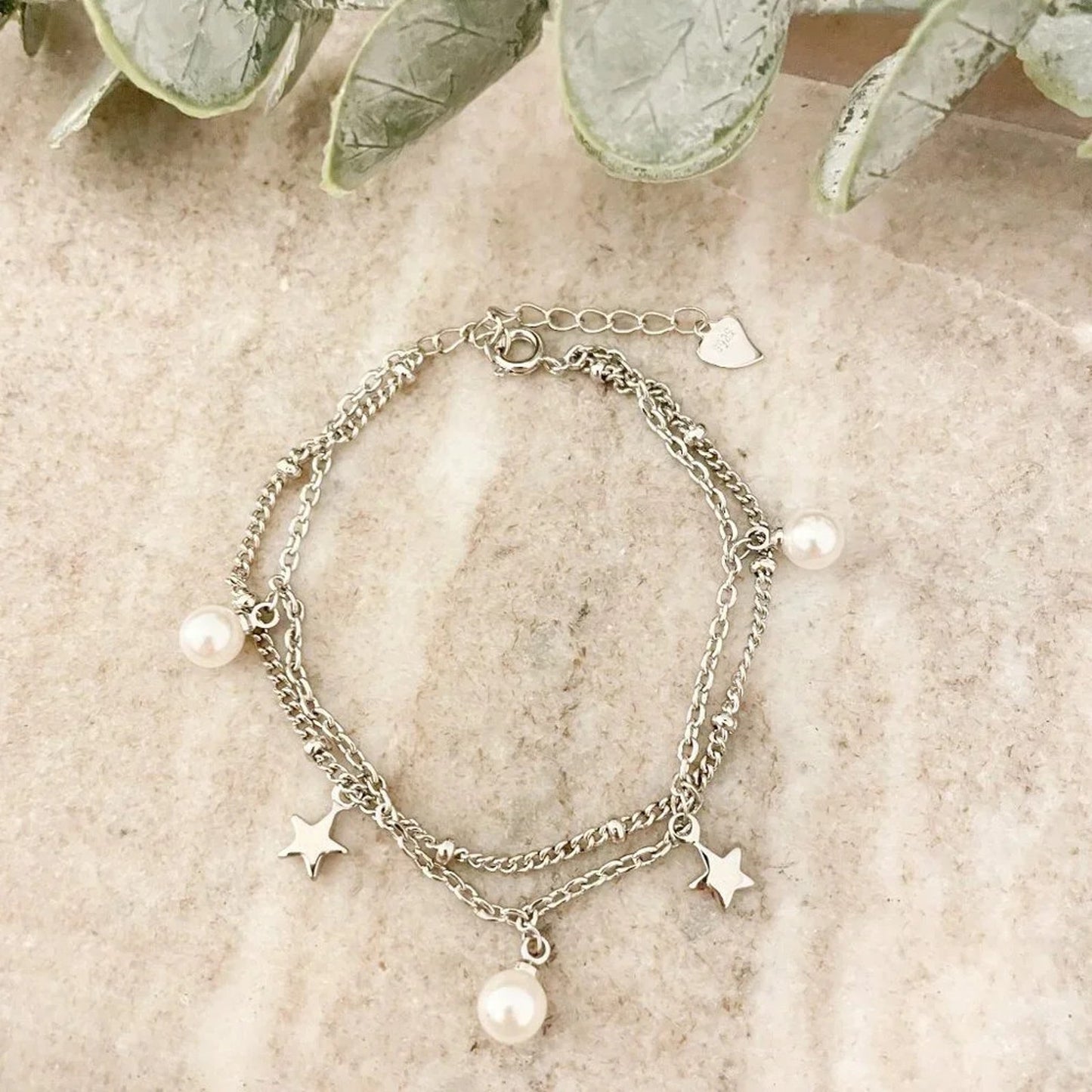 925 Sterling Silver Pearl & Star Multi Layer Bracelet Dainty Bracelet