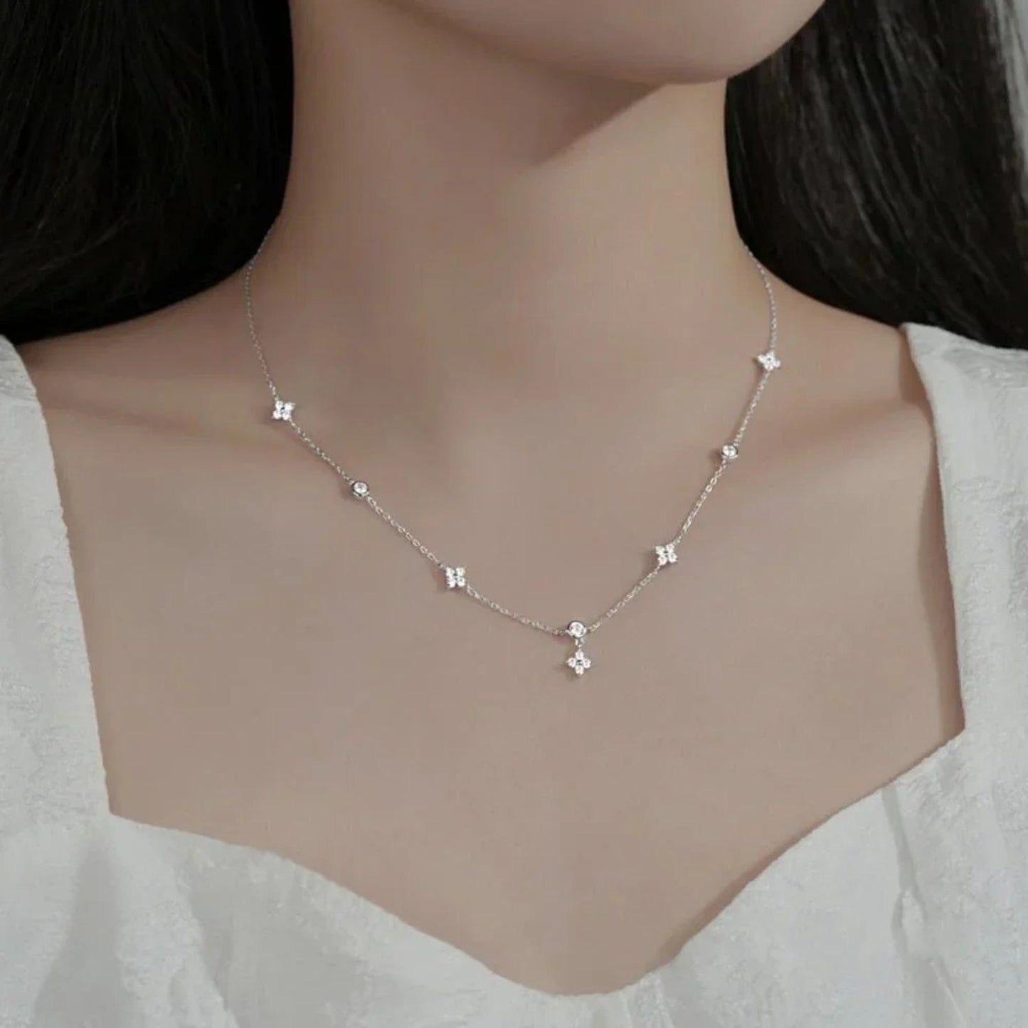 925 Sterling Silver Dainty Flower Crystal Necklace Delicate Minimalist Necklace