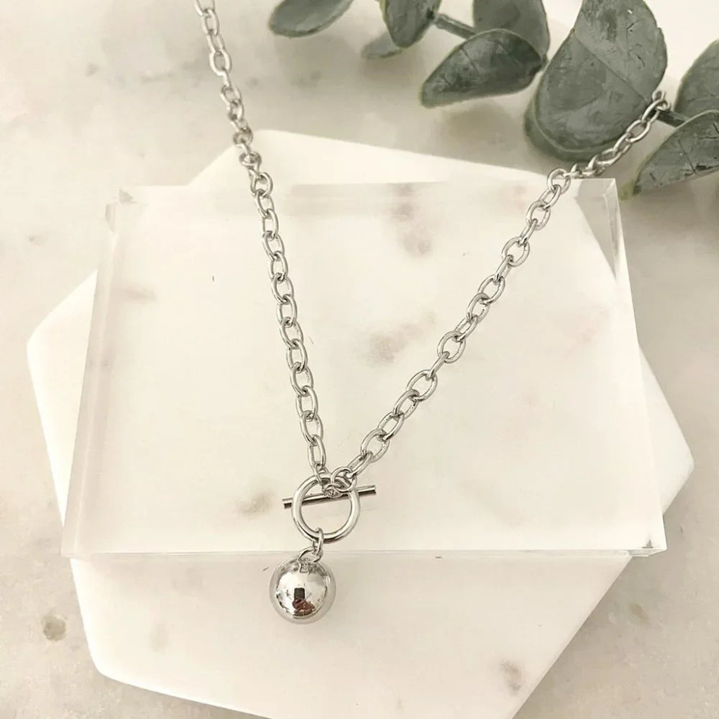 925 Sterling Silver Chunky Toggle Ball Necklace Minimalist Ball Pendant Necklace
