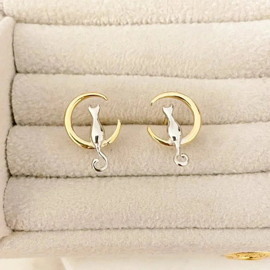 925 Sterling Silver Tiny Cat Studs Two Tone Earrings Cat Studs Moon & Cat