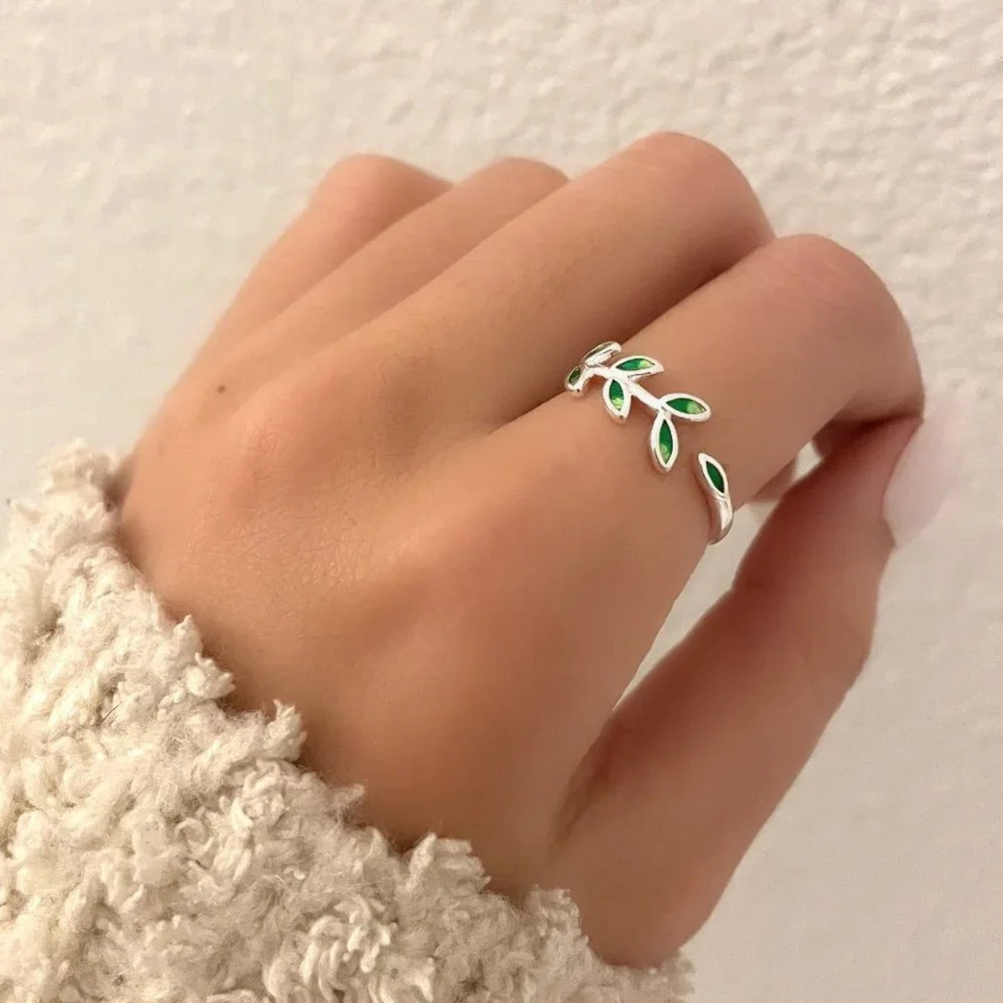925 Sterling Silver Leaf Wrap Ring Green Dainty Boho Ring Green Leaf Ring