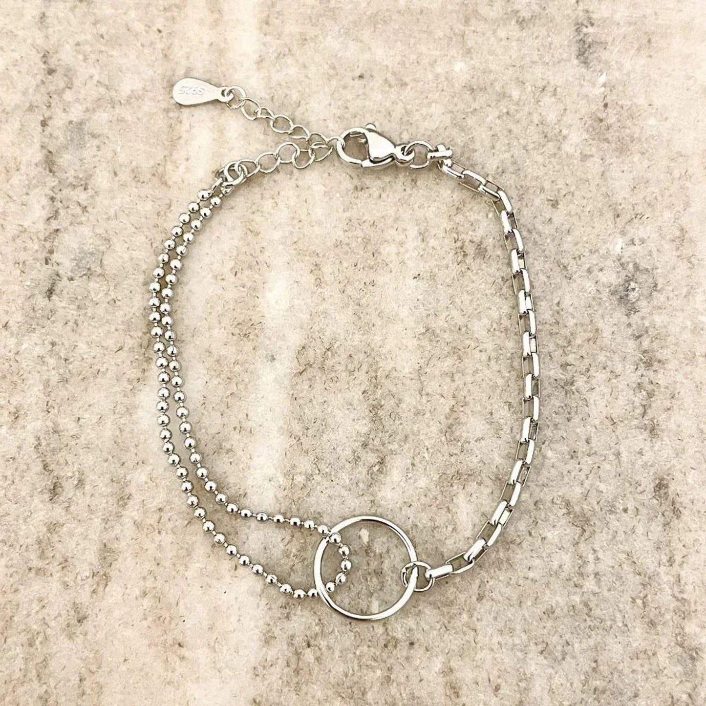925 Sterling Silver Dainty Circle Bracelet Minimalist Asymmetric Chain Bracelet