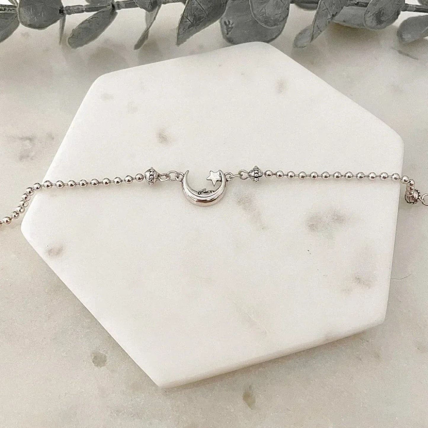925 Sterling Silver Moon & Star Bracelet Dainty Bracelet Beaded Bracelet