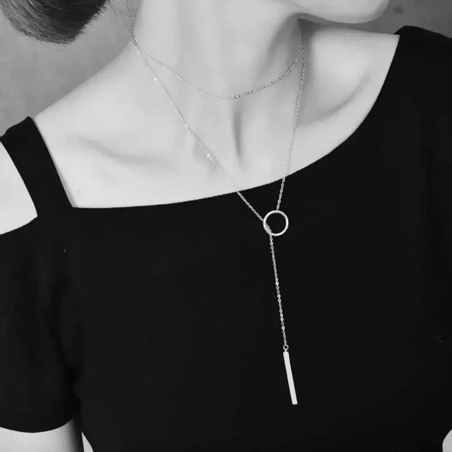 925 Sterling Silver Long Bar Lariat Necklace Long Drop Circle & Bar Necklace