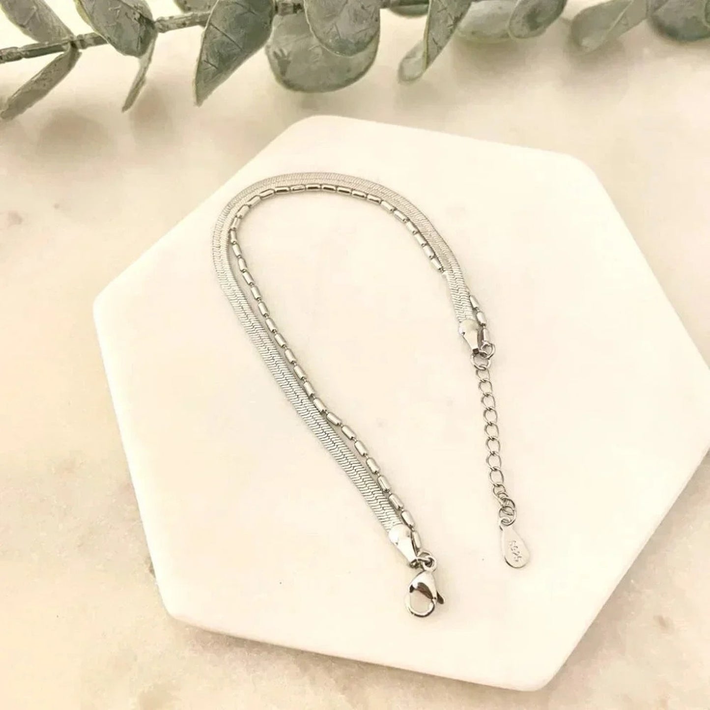 925 Sterling Silver Dainty Bead Bracelet Herringbone Snakechain Layer Bracelet