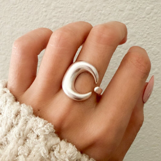 925 Sterling Silver Textured Ring Band Chunky Ring Crescent Ring Moon Ring