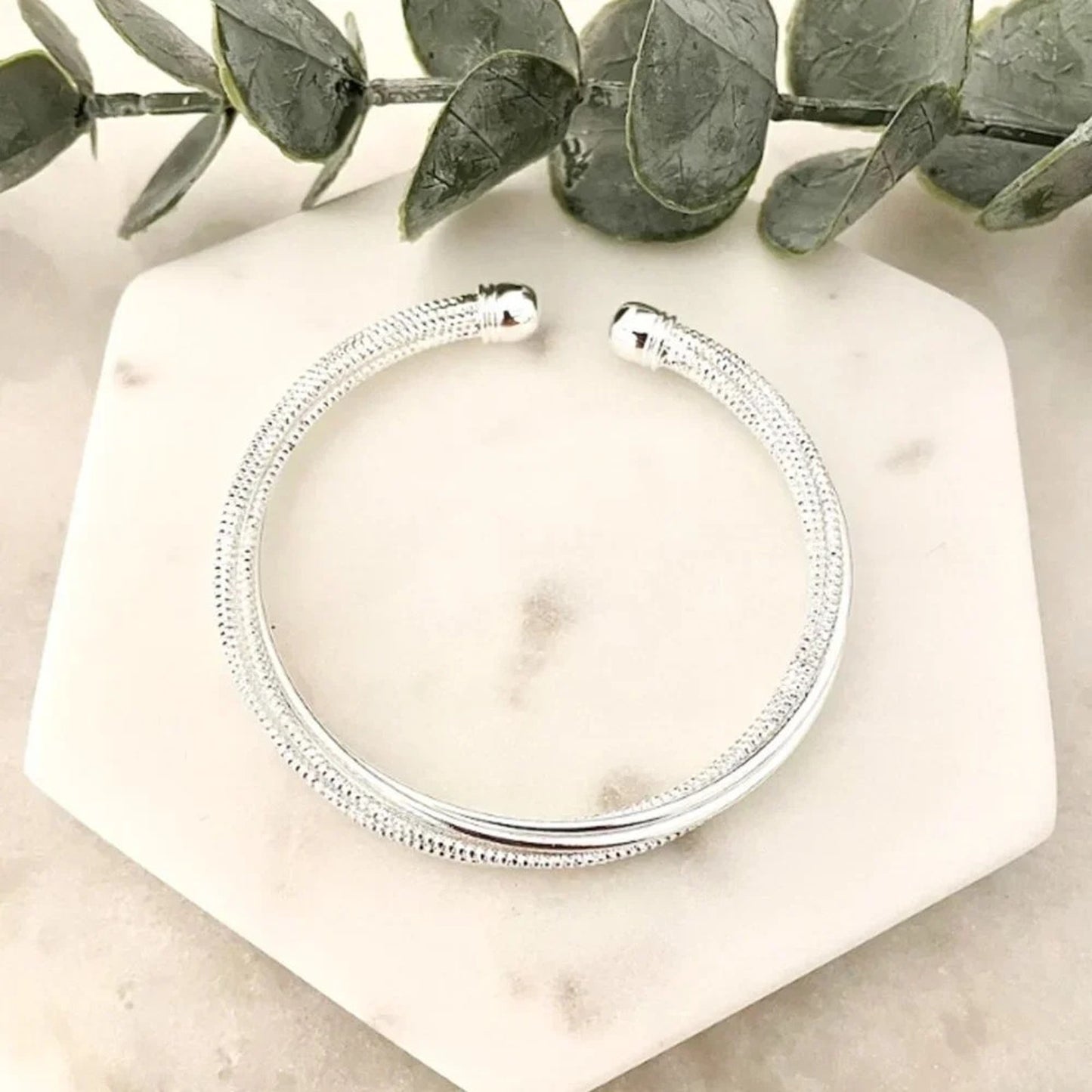 925 Sterling Silver Cuff Bracelet Silver Bangle Shiny Modern Textured Cuff