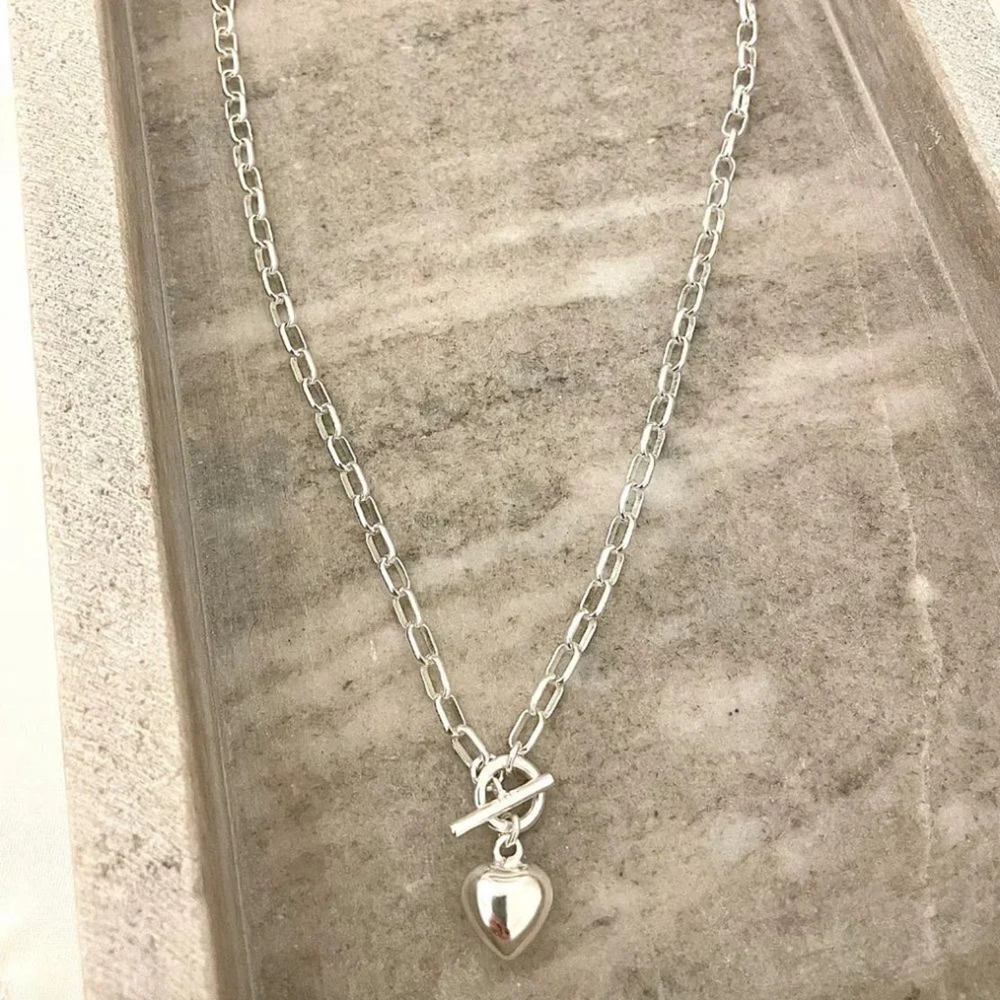 925 Sterling Silver Heart Necklace Chunky Toggle Link Necklace