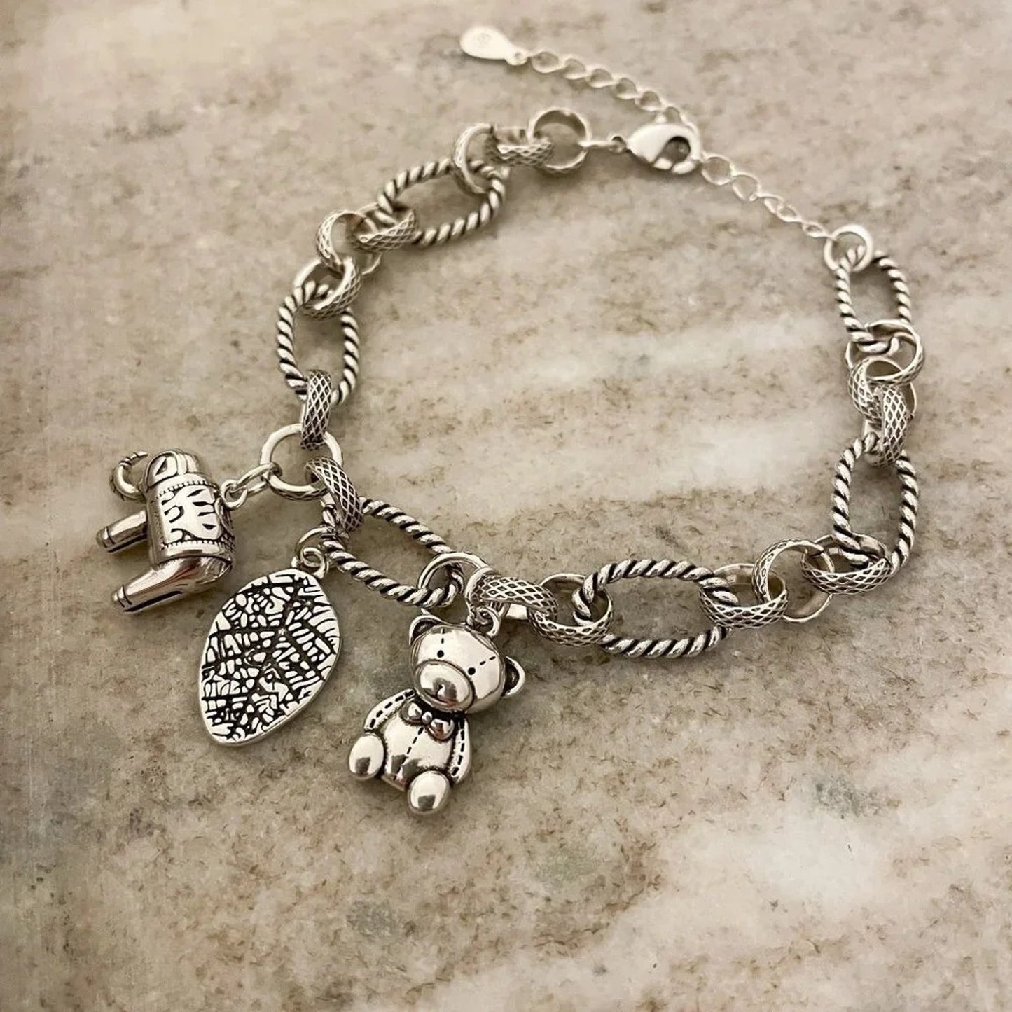 925 Sterling Silver Elephant Bear Leaf Charm Bracelet Chain Link Bracelet