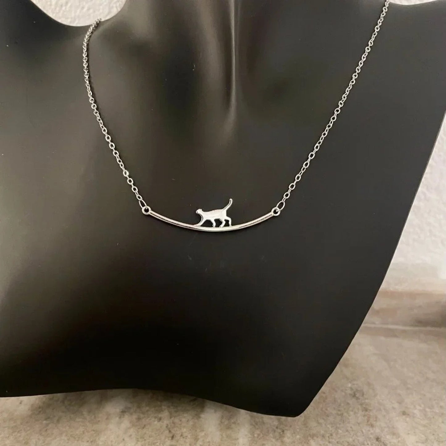 925 Sterling Silver Cat Bar Necklace Curve Bar Necklace Dainty Kitty Necklace