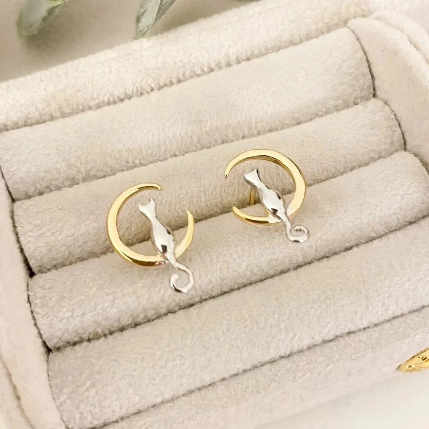 925 Sterling Silver Tiny Cat Studs Two Tone Earrings Cat Studs Moon & Cat